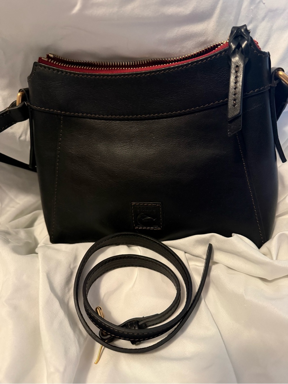 Dooney & Bourke Black Leather Crossbody with Red Zip Accent